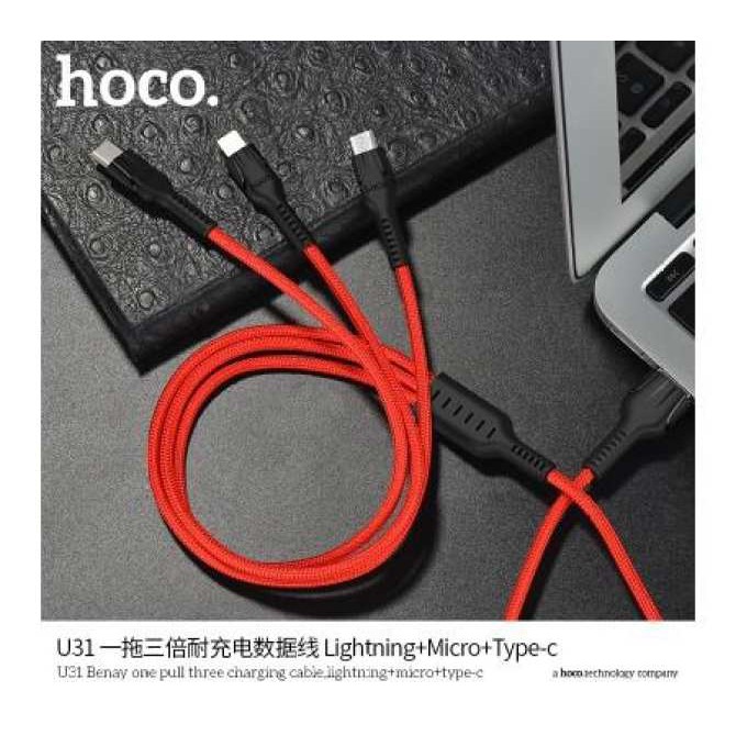 Cáp 3 đầu Lightning/ Micro/ Type C bọc dù 1.2M Hoco U31 - Chính hãng