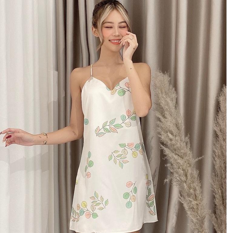 Đầm ngủ lụa hai dây đan lưng họa tiết