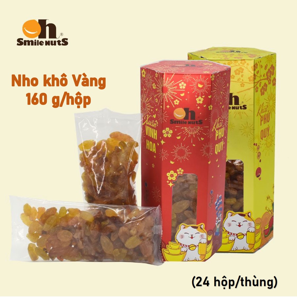 Nho Khô Không Hạt Smile Nuts 160g - Nho khô vàng nhập khẩu từ Chile, 100% không đường và chất bảo quản_ Nho vàng quả to, size lớn, thịt dày _ Quà tết hộp lục giác 2023