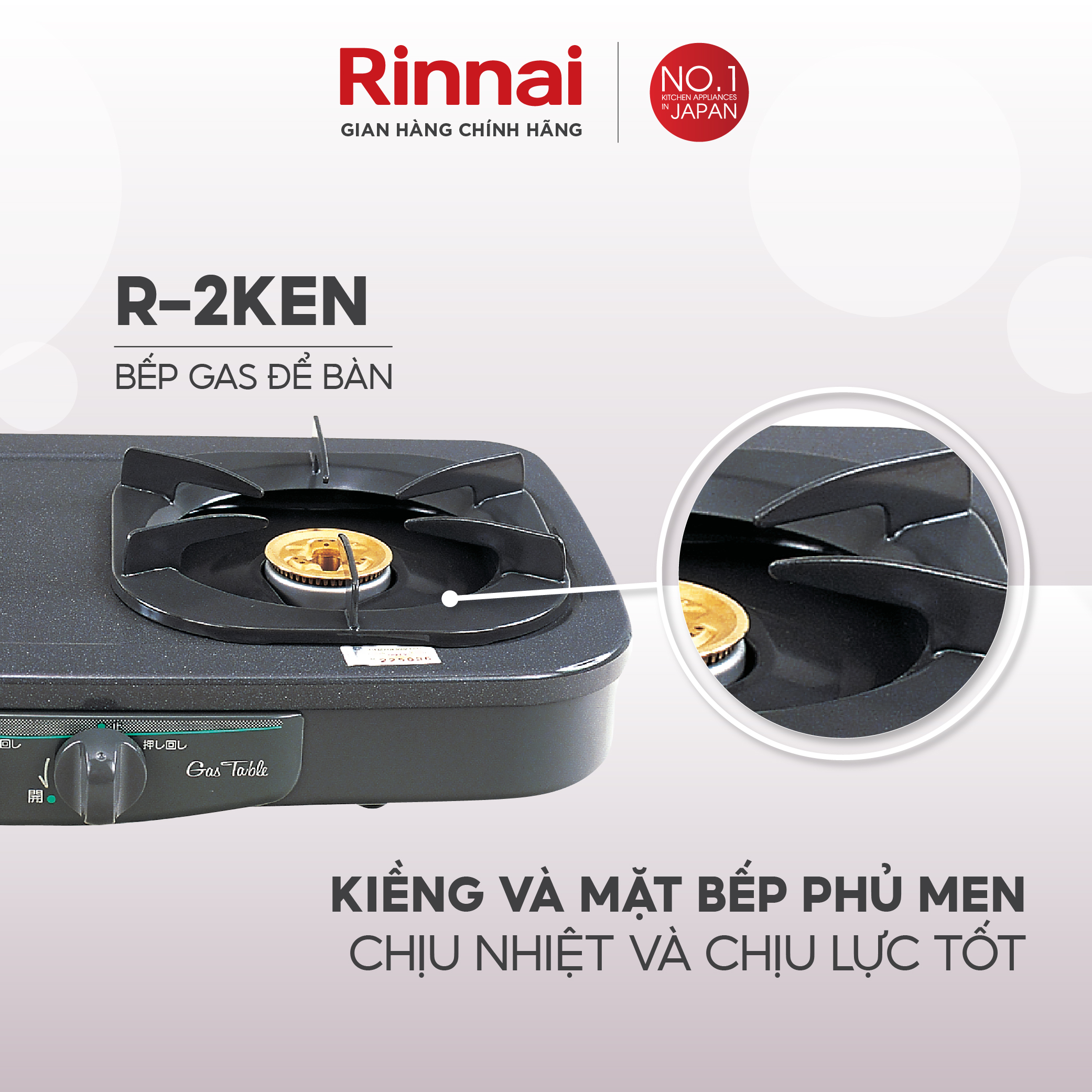 Bếp gas dương Rinnai R-2KEN mặt bếp men và kiềng bếp men - Hàng chính hãng.