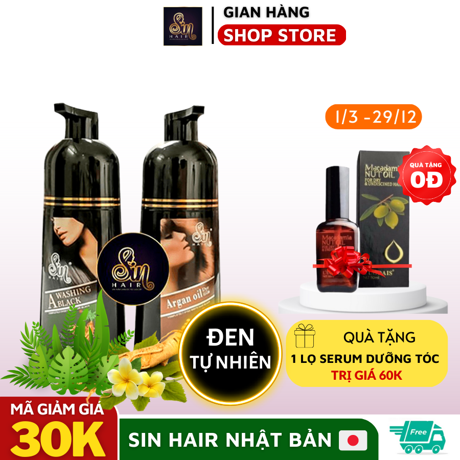 Dầu gội nhuộm phủ bạc tóc thảo dược thiên nhiên Sin Hair Nhật Bản [500ml -Chính Hãng