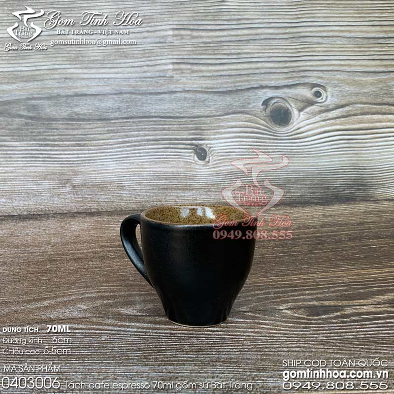 Bộ ly tách sứ uống cà phê espresso 70ml gốm sứ Bát Tràng cao cấp men đen lòng gốm