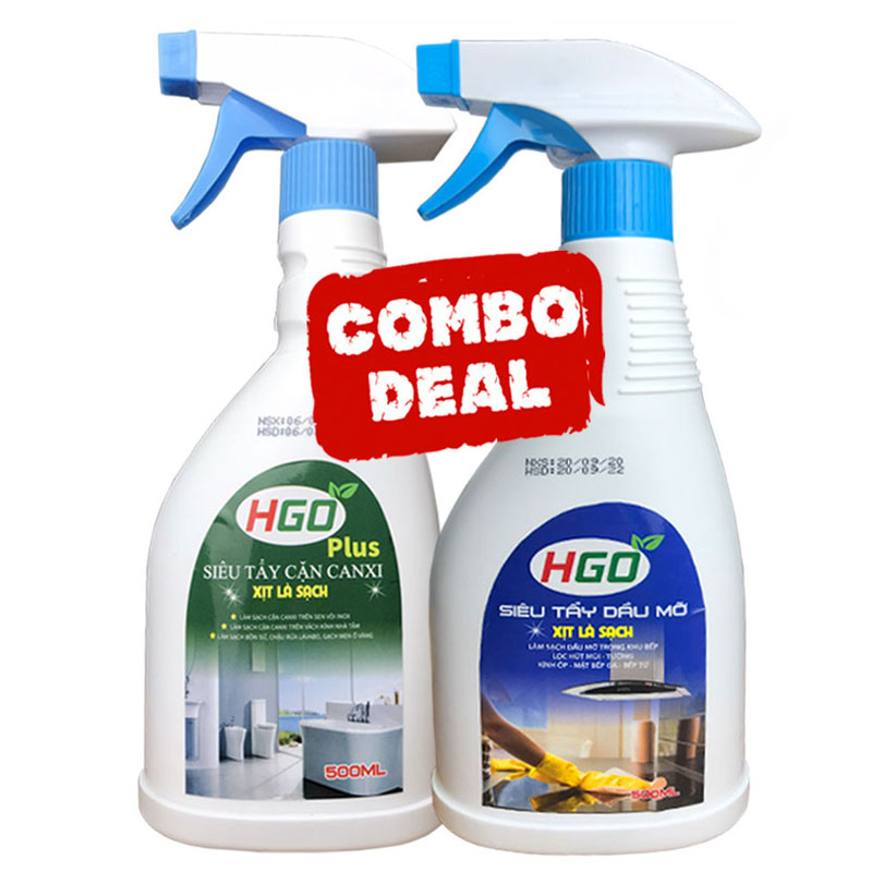 Combo tẩy cặn canxi nhà tắm HGO Plus + tẩy dầu mỡ nhà bếp HGO bình xịt 500ml, sử dụng tiện lợi hiệu quả tiết kiệm