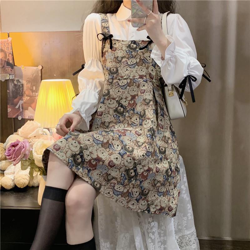 Váy nữ đầm vintage sang chảnh dáng ngắn họa tiết gấu kết hợp sơ mi dài tay Pasana0001v