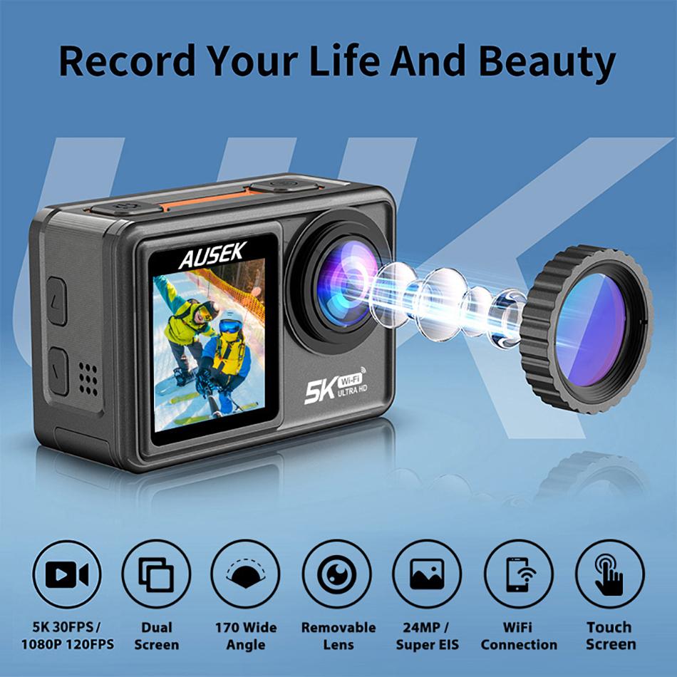 Camera hành động AUSEK S81ER Video 4K 60FPS EIS với ống kính lọc tùy chọn 24MP Zoom 1080P Webcam Vlog WiFi Camera thể thao có điều khiển từ xa