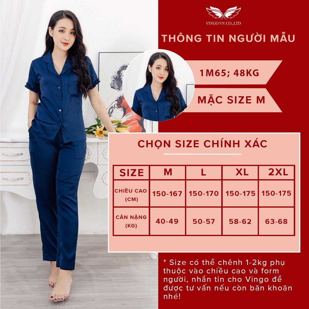 Bộ Đồ Ngủ Pijama Nữ VINGO Mặc Nhà Tay Cộc Quần Dài Lụa Pháp Trơn Mềm Cao Cấp Viền Bèo Thanh Lịch Thu Đông H482 VNGO