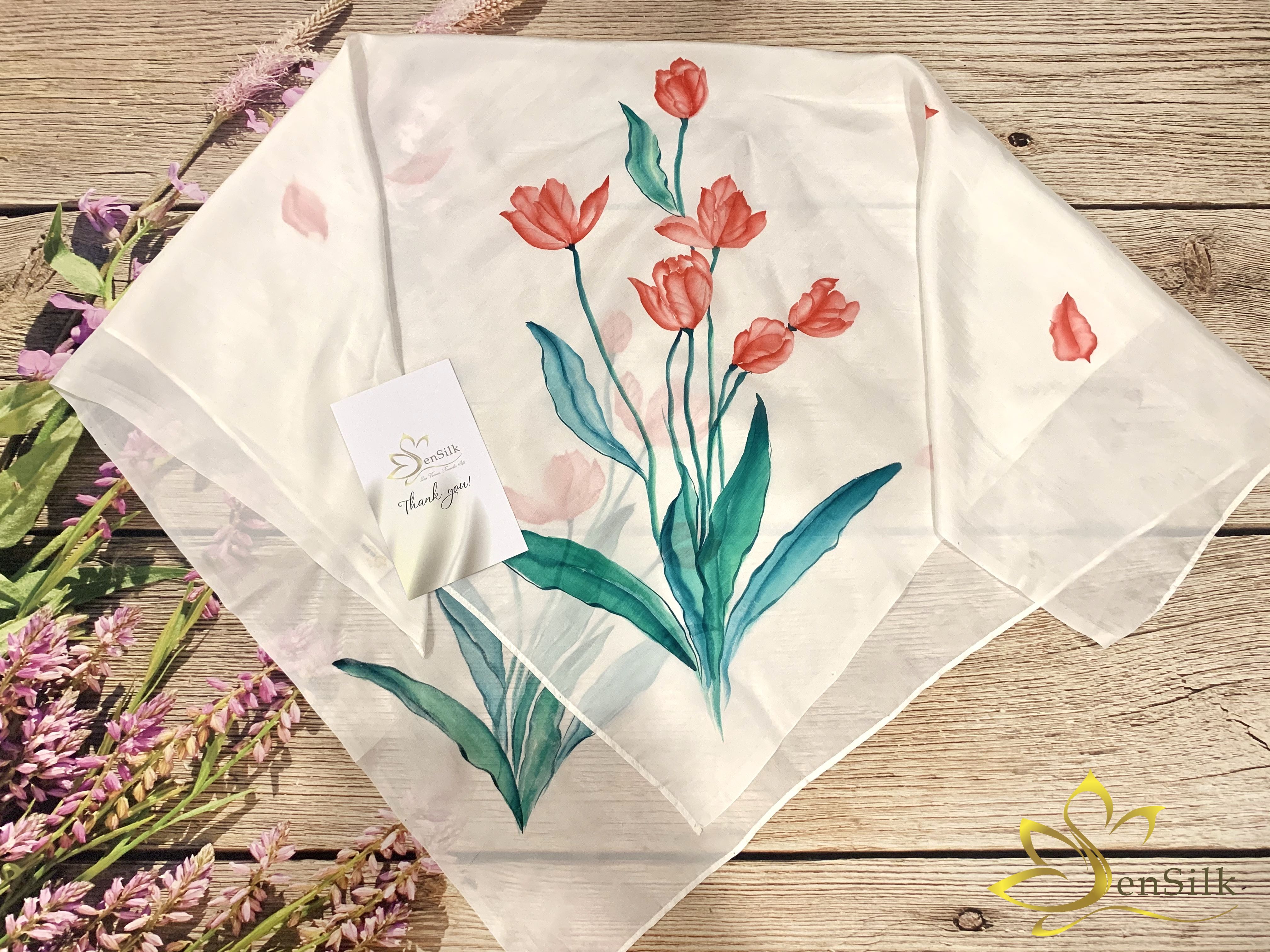 Khăn Lụa Vuông Cao Cấp Vẽ Tay Hoa Tulip – SenSilk, Quà Tặng Đối Tác