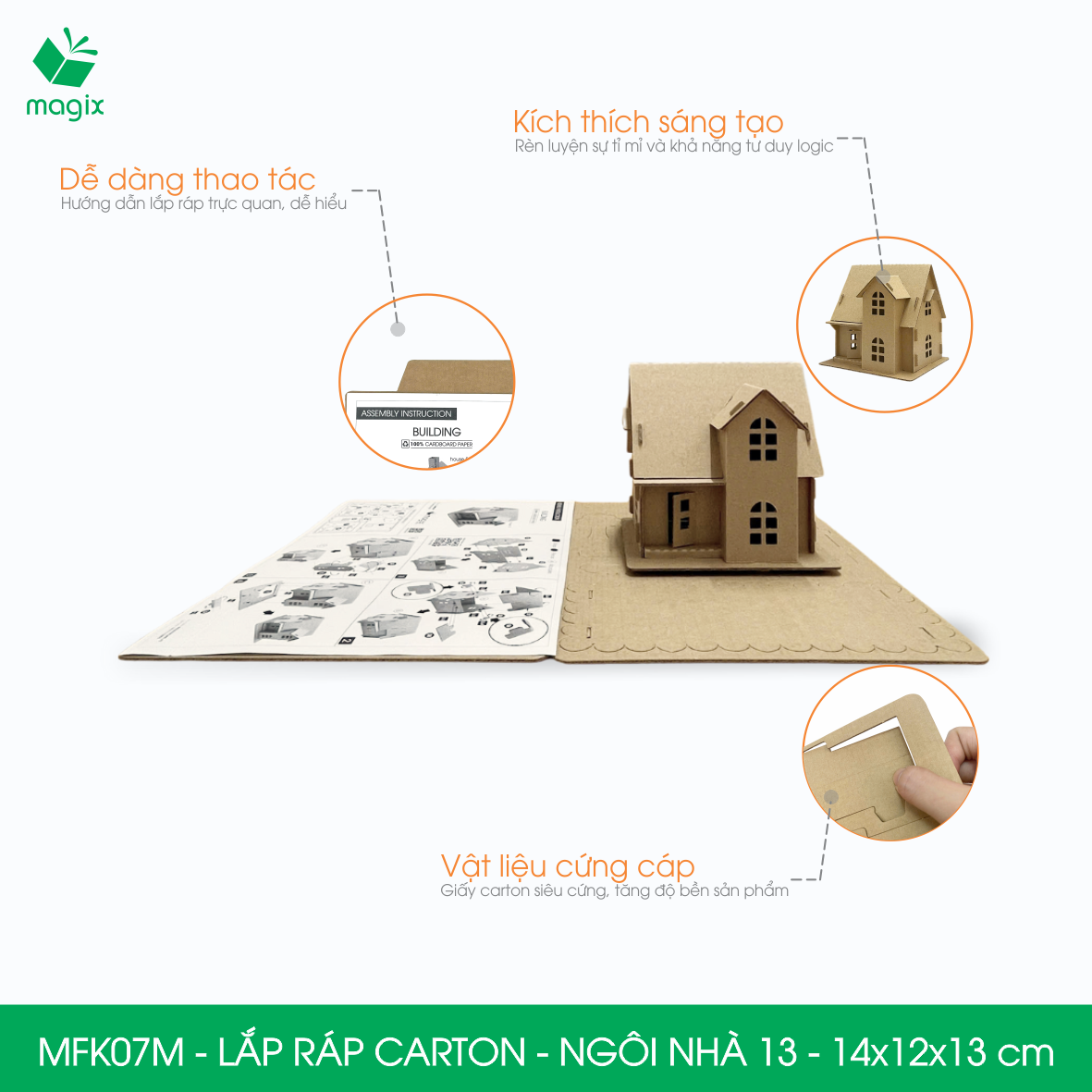 MFK07M -14x12x13 cm - Mô hình ngôi nhà lắp ráp từ bìa carton cao cấp, nhà giấy carton mini sáng tạo