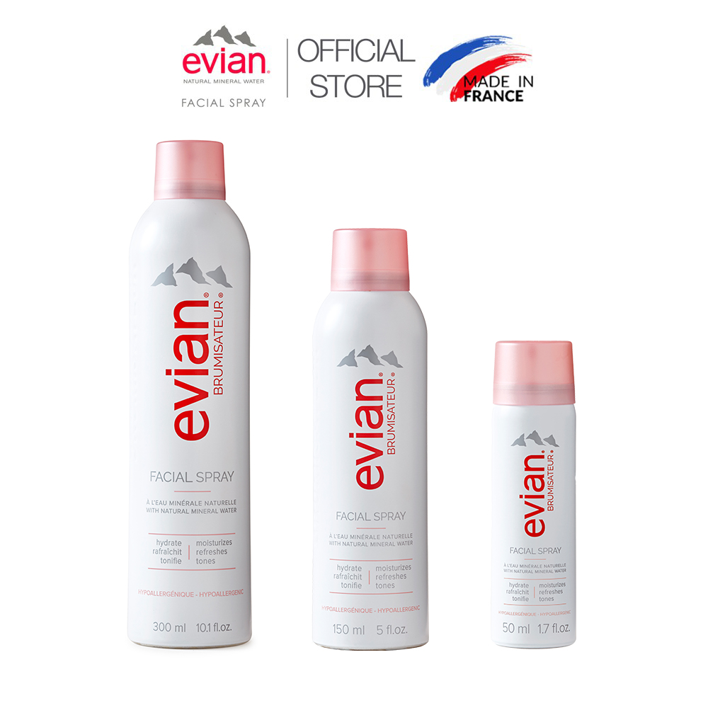 Combo 3 xịt khoáng cấp ẩm và làm dịu da Evian 300ml + 150ml + 50ml