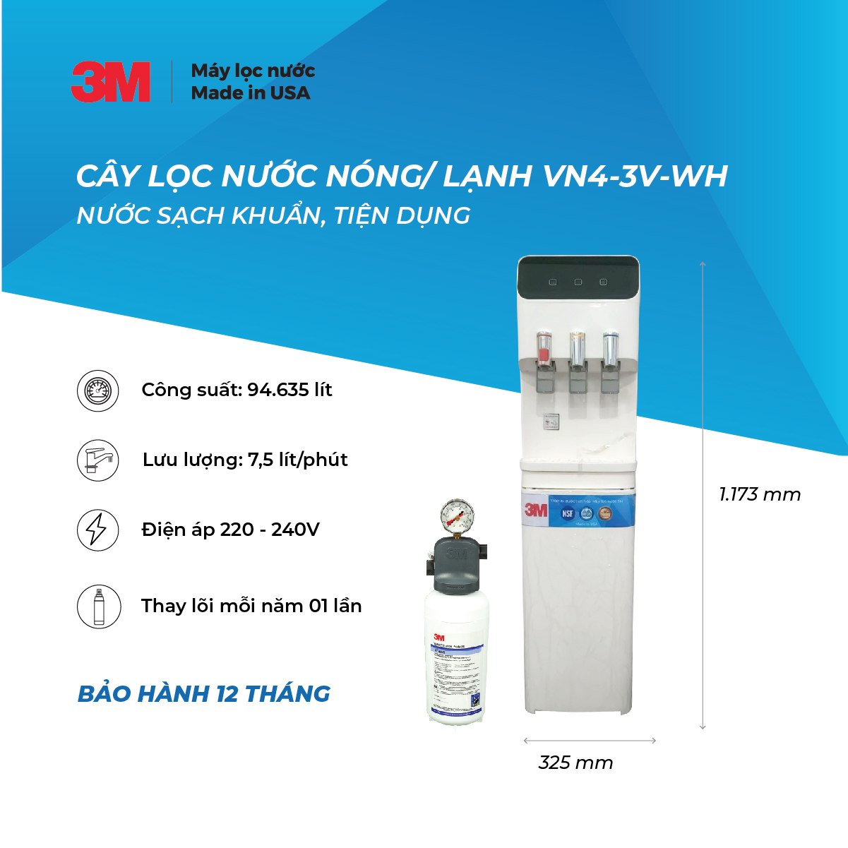 Máy Lọc Nước Nóng Lạnh 3 Vòi 3M VN4-3V Màu Trắng (Sử Dụng Máy 3M ICE140-S) - Hàng Chính Hãng