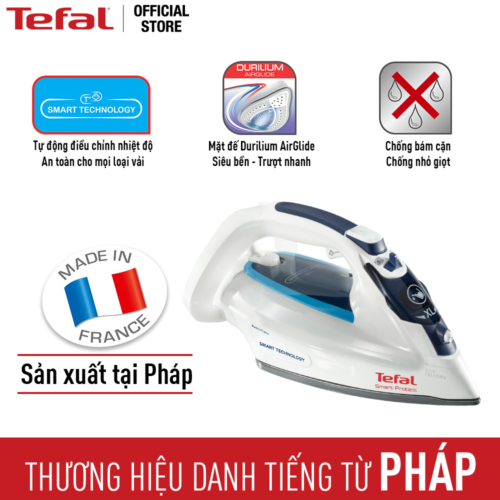 Bàn ủi hơi nước Tefal Smart Protect FV4980E0 -2600W (Trắng phối xanh) - Công nghệ tiên tiến Durilium AirGlide - Thích hợp cho mọi loại vải - Tiết kiệm năng lượng - Hàng chính hãng