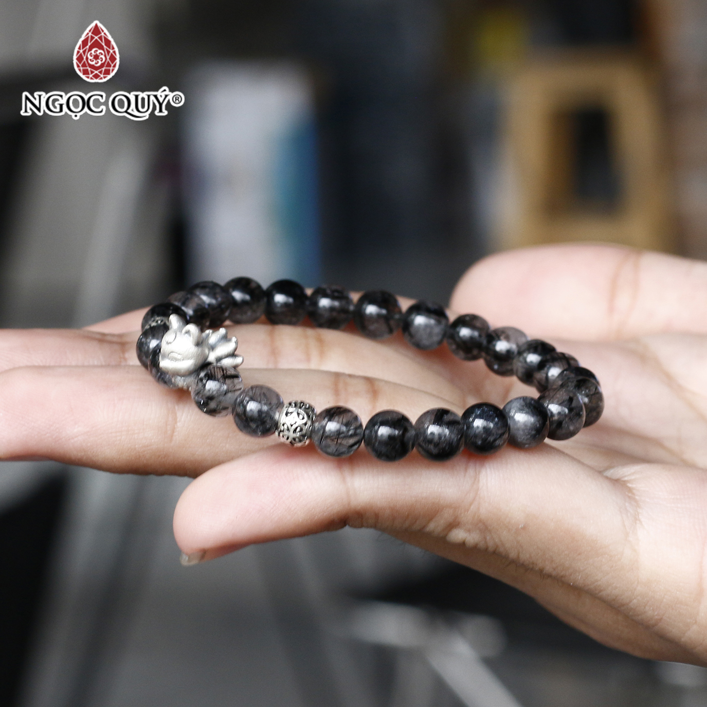 Vòng tay đá thạch anh tóc đen phối hồ ly 9 đuôi size hạt 7mm mệnh thủy, mộc - Ngọc Quý Gemstones