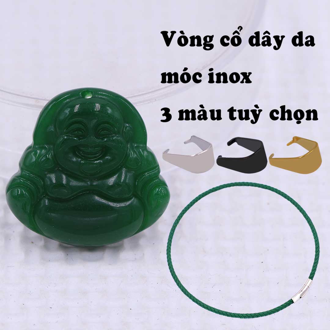 Mặt Phật Di lặc mã não xanh lá 2.9 cm kèm vòng cổ dây da xanh lá + móc inox trắng, mặt dây chuyền Phật cười