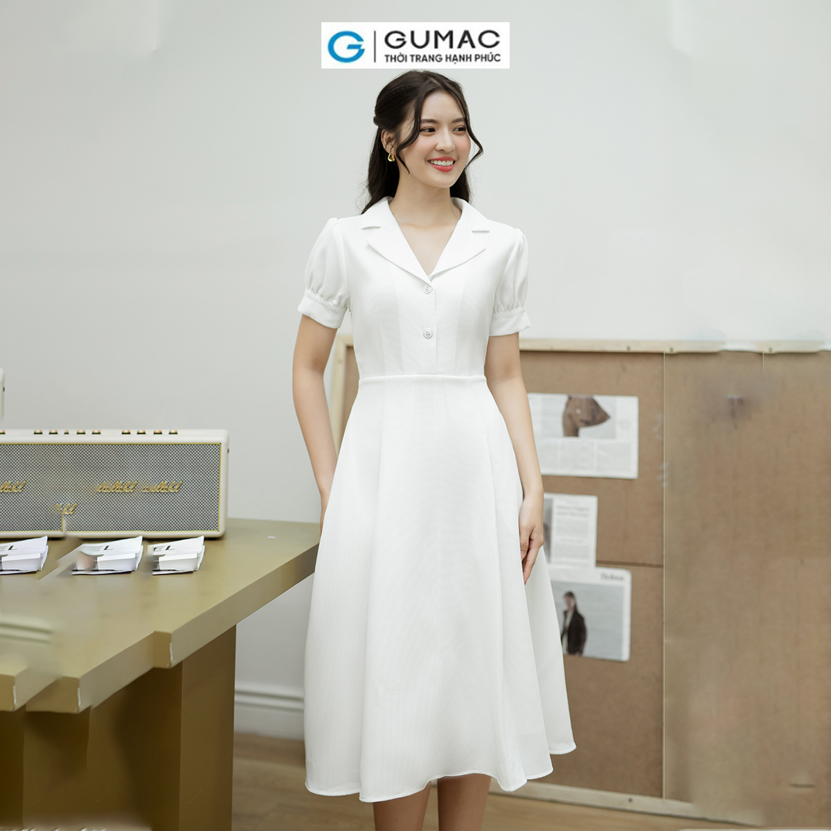 Đầm A xòe tay phồng GUMAC DD08048