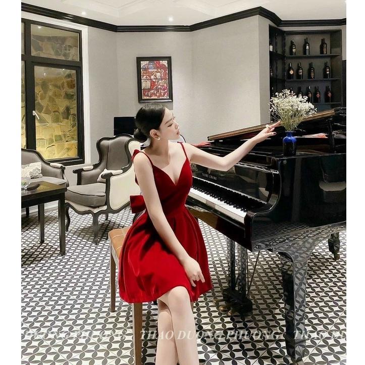 Đầm xoè nhung 2s đính cườm nơ lưng