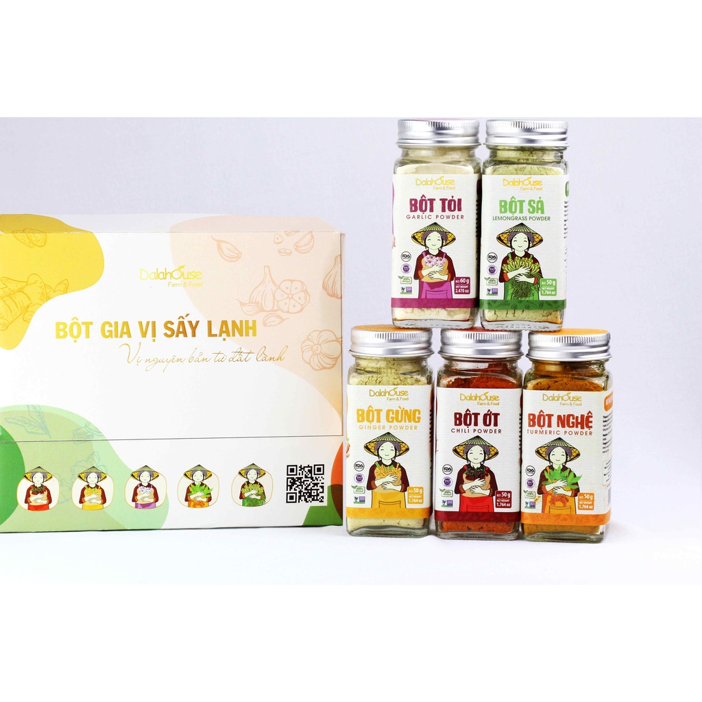 Combo Bột Gia Vị Sấy Lạnh Dalahouse - Bột Hữu Cơ Tự Nhiên Nguyên Chất, Gia Vị Món Ăn Ngon - Bột Ớt, Bột Sả, Bột Tỏi, Bột Gừng, Bột Nghệ - Hỗ Trợ Tiêu Hóa, Đại Tràng, Tiểu Đường, Điều Hòa Huyết Áp, Tim Mạch, Kháng Viêm, Lưu Thông Máu, Hỗ Trợ Viêm Khớp