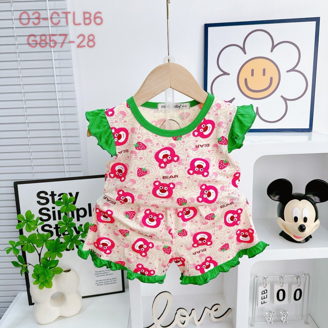 Đồ bộ bé gái, bộ cộc tay mùa hè cho bé gái hình Gấu dâu size 5-16kg chất cotton mềm mịn mát