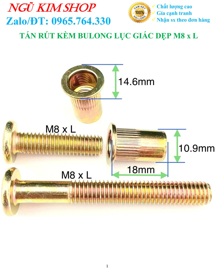 TÁN RÚT KÈM BULONG LỤC GIÁC DẸP M8 x L