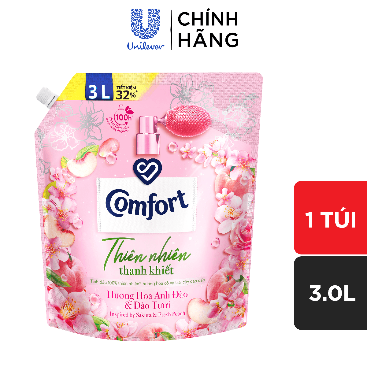 Nước Xả Vải Comfort Thiên Nhiên Thanh Khiết Hương Hoa Anh Đào & Đào Tươi Túi 3.0L