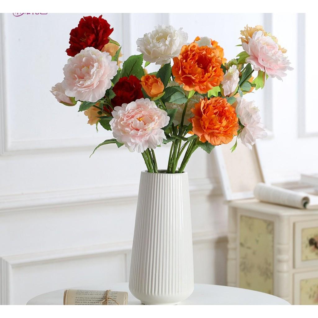 Hoa lụa cao cấp, hoa mẫu đơn giả 2 bông 1 nụ cỡ lớn cao 70cm trang trí nhà cửa sang trọng Flowermini