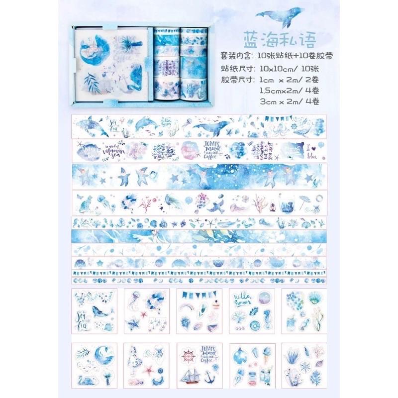 Hộp 10 cuộn băng giấy và 10 tờ stickers chủ đề dễ thương(có sẵn)