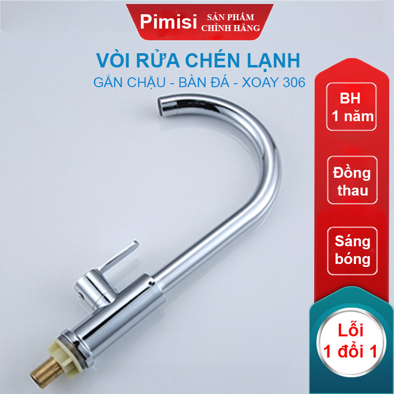 Vòi Rửa Chén Lạnh 1 Đường Nước Pimisi Đồng Thau Cao Cấp Mạ Xi Cr/Ni Sáng Bóng Cấp Nước Cho Chậu Rửa Bát 1-2-3 Hộc Trong Nhà Bếp Gắn Chậu Âm - Dương Bàn Đá Quay 360 Tăng Áp Kiểu Cổ Ngỗng Cần Cứng - Thân - Để To | Hàng chính hãng