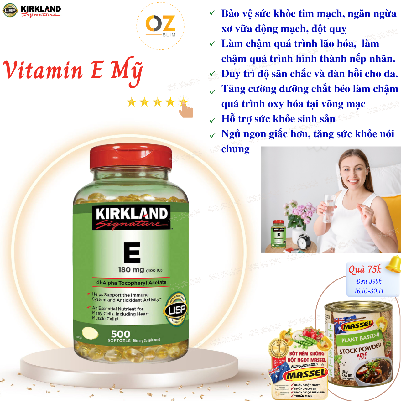 Vitamin E Mỹ Kirkland Signature E 180mg (400IU) tốt cho tim mạch, giúp làm đẹp da, mượt tóc, làm chậm quá trình lão hóa và tăng cường sức khỏe tổng thể - OZ Slim Store