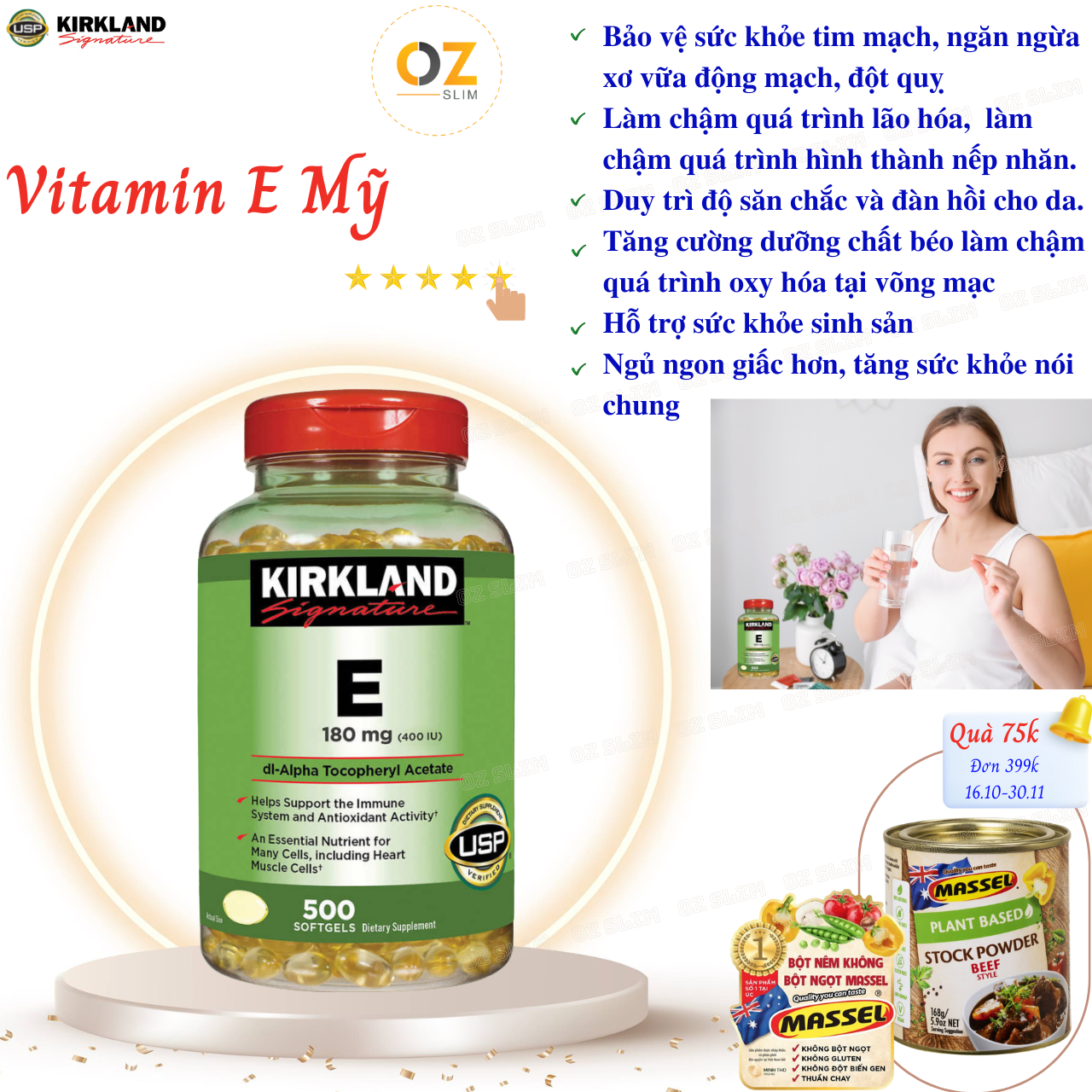 Vitamin E Mỹ Kirkland Signature E 180mg tốt cho tim mạch, giúp làm đẹp da, mượt tóc, làm chậm quá trình lão hóa và tăng cường sức khỏe tổng thể - OZ Slim Store