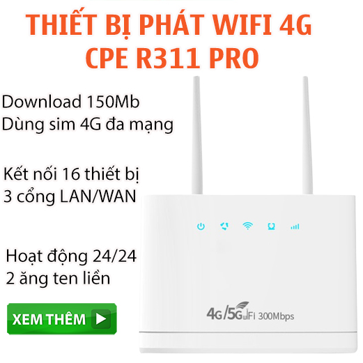 Cục phát wifi 4G CPE R311 Pro 2 râu thu phát sóng cực khỏe, Hỗ trợ 3 cổng Lan/Wan , sử dụng thay cáp quang cho hộ gia đình, xe khách, hàng chính hãng