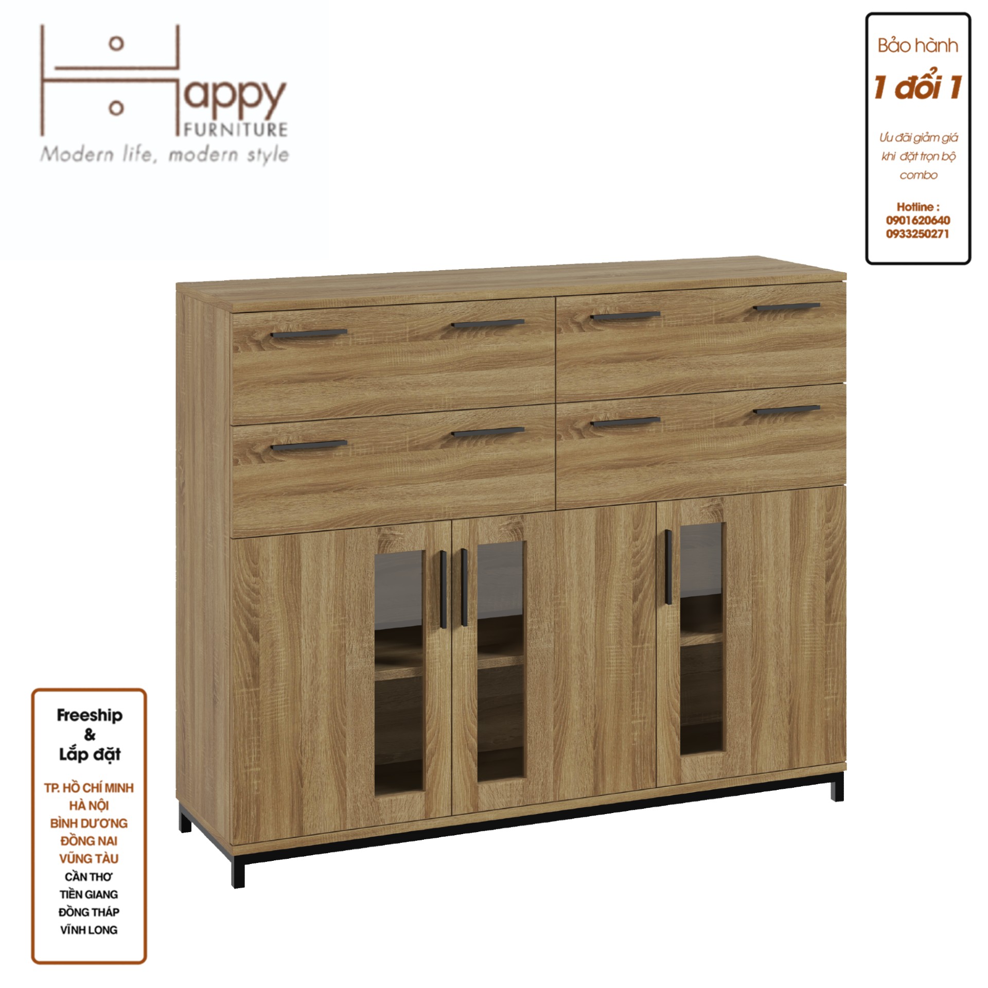 [Happy Home Furniture] LOUIS , Tủ lưu trữ 4 ngăn kéo 3 cửa mở - chân sắt , 126cm x 36cm x 104cm ( DxRxC), THK_060