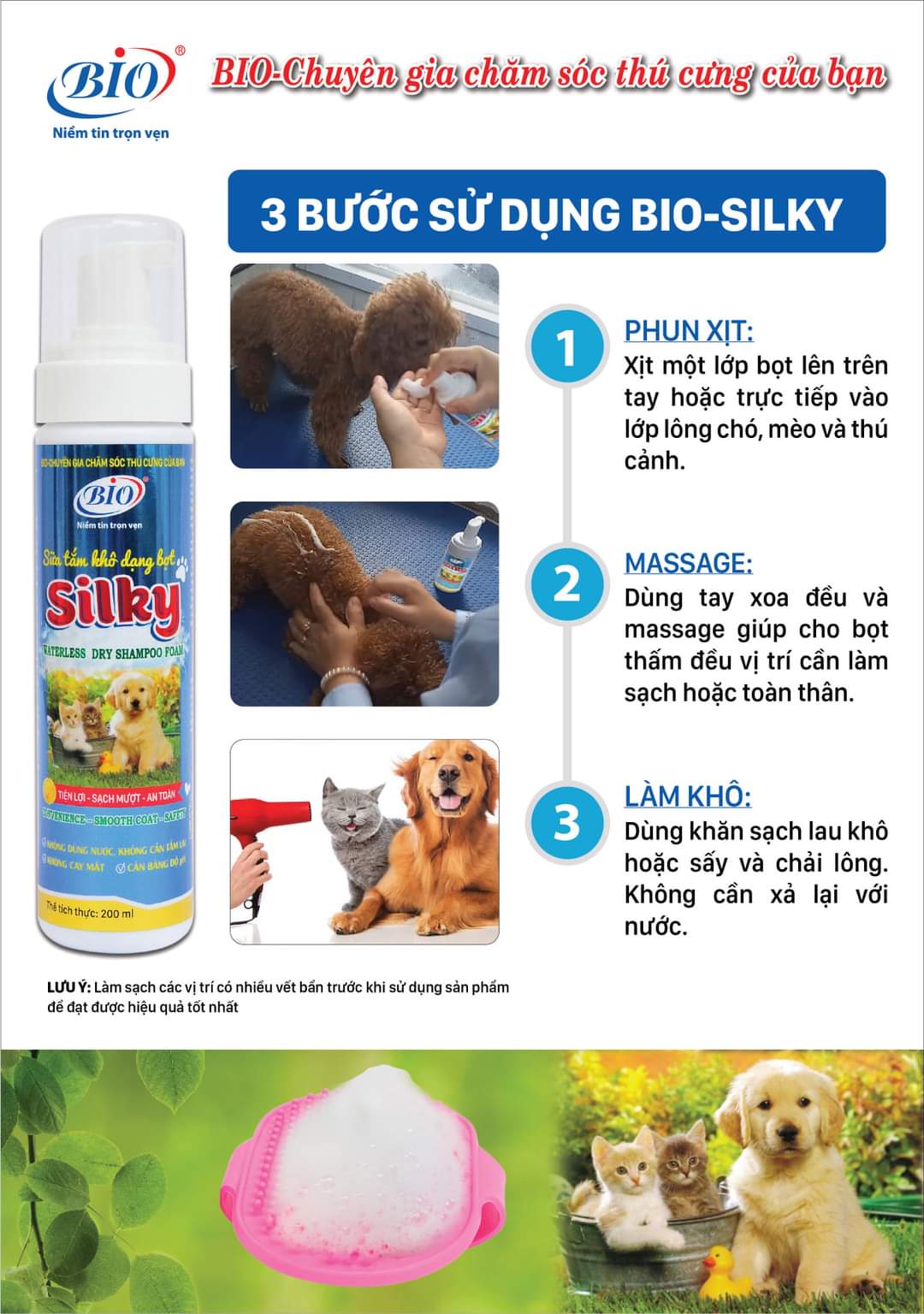 Bọt Tắm Khô Cho Chó Mèo, Sữa Tắm Khô Dạng Bọt Bio Silky 200ml