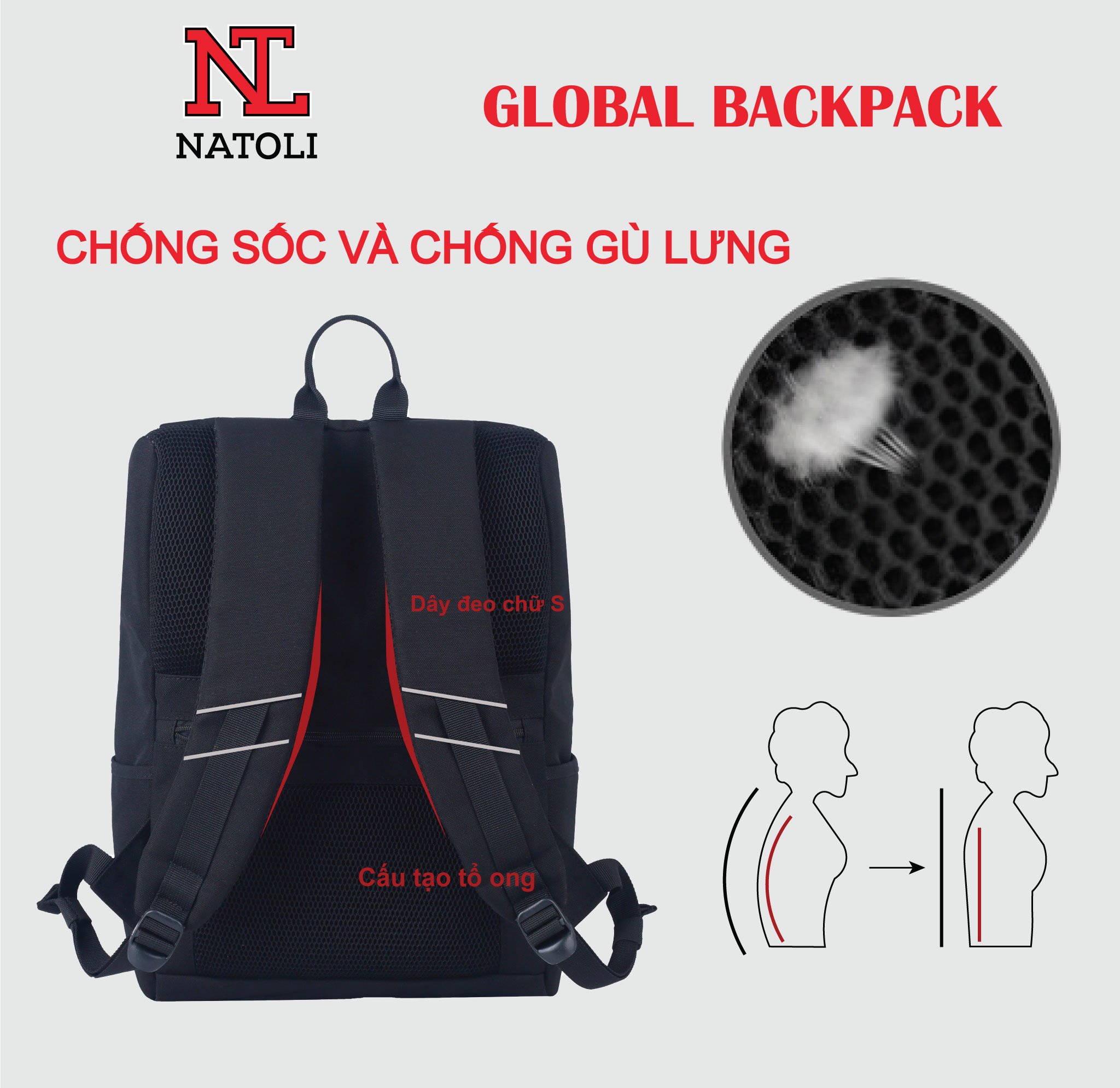 Balo đi học du lịch unisex Global Backpack B8 chính hãng NATOLI chất vải canvas kháng nước nhiều ngăn basic cao cấp