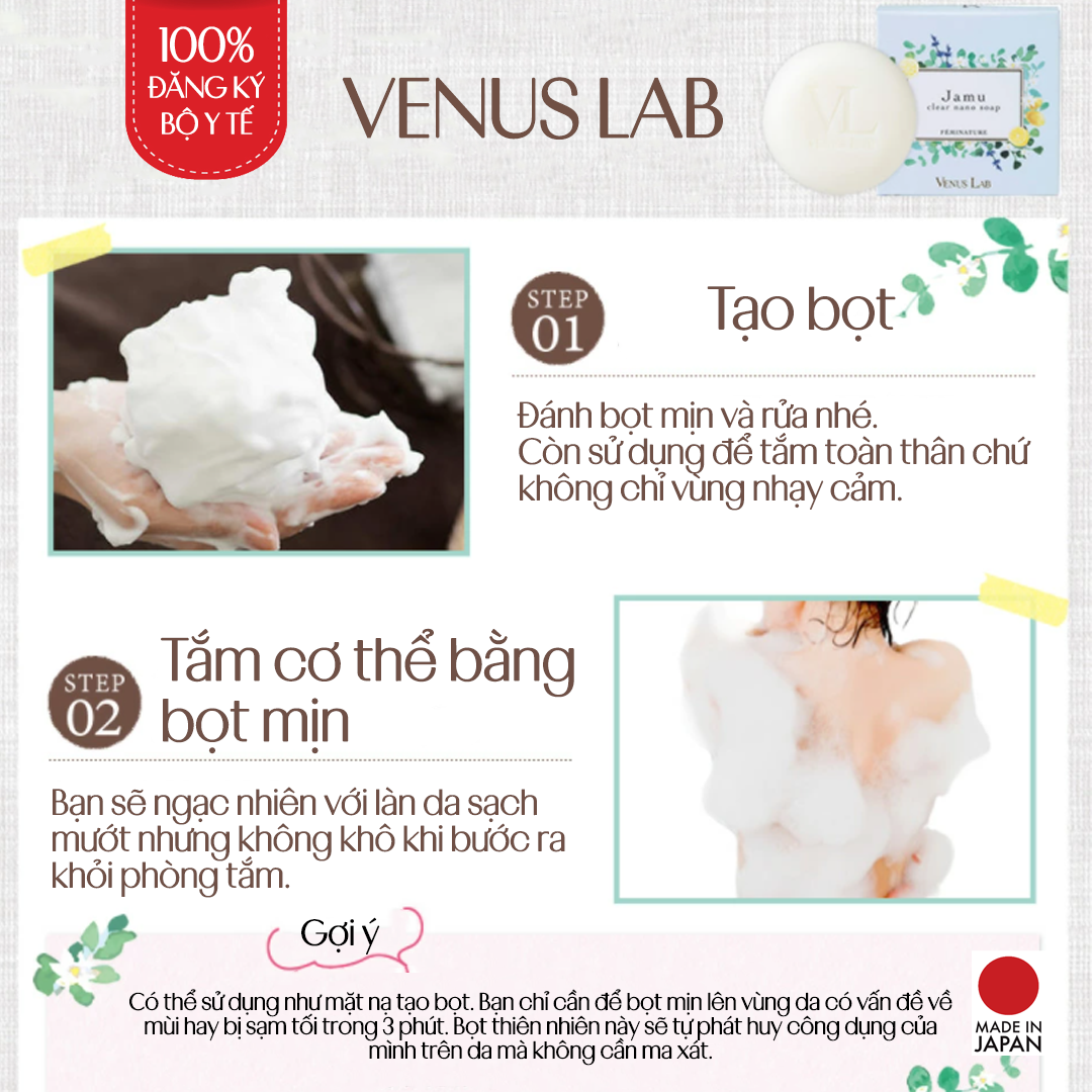 Xà Phòng Vệ Sinh Phụ Nữ Nhật Bản Venus Lab Féminature Jamu Clear Nano Soap, Ngăn Mùi Hôi, Giảm Viêm Ngứa, Dưỡng Ẩm, Dưỡng Da Sáng Mịn Và Mềm Mại, Chứa Collagen, Đậu Nành Và Nhiều Chiết Xuất Thảo Mộc Tự Nhiên