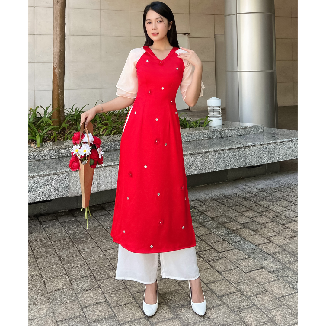 Áo dài cách tân cổ V kết đá dễ thương AD025 - Lady Fashion - Khánh Linh Style