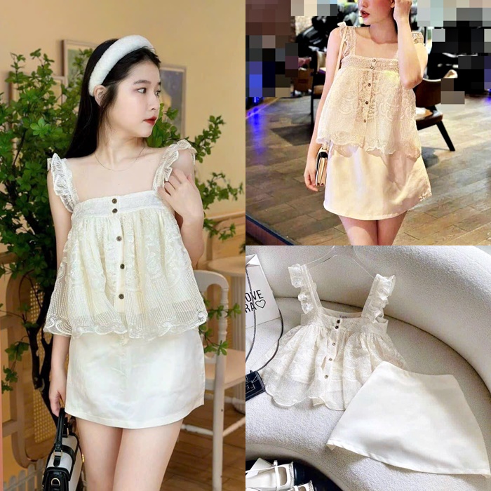 ĐẦM MIDI SET ÁO REN 2 DÂY CÁNH TIÊN RỘNG + CHÂN VÁY NGẮN CHỮ A SATIN SUÔNG TRƠN ĐI TIỆC ĐI CHƠI ĐI BIỂN DẠO PHỐ