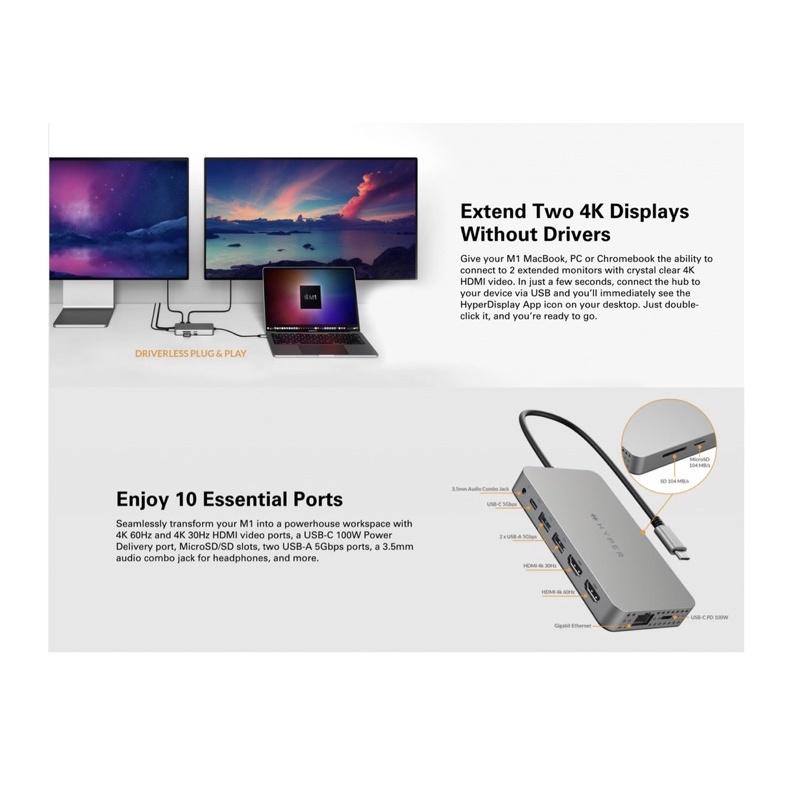 Cổng chuyển xuất 2 màn hình độc lập hyperdrive dual 4k hdmi 10-in-1 usb-c hub for macbook m1 hdm1h