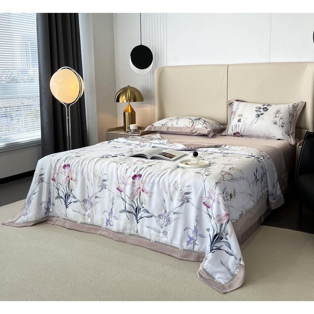 Bộ chăn ga gối cao cấp 100%Tencel 100s Digital Print, Set 4 món chăn chần hè phối ren siêu mềm mát mịn