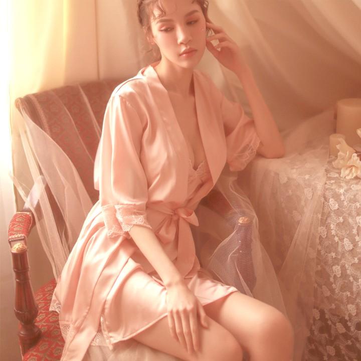 Áo choàng kimono lụa phối ren tinh tế hàng nhập cao cấp