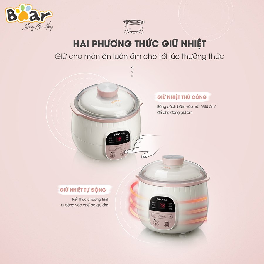 Nồi Nấu Chậm 0,8L Bear SUBE001 Đa Năng Nấu Cháo, Chưng Yến - Hàng Chính Hãng - Bảo hành 18 tháng