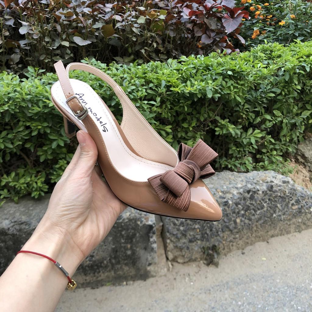 Giày cao gót Anna thời trang mũi nhọn phối dây hở gót nơ bồng cao 5cm-A26KH