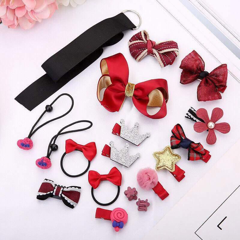 Bộ phụ kiện nơ tóc cho bé gái màu hồng