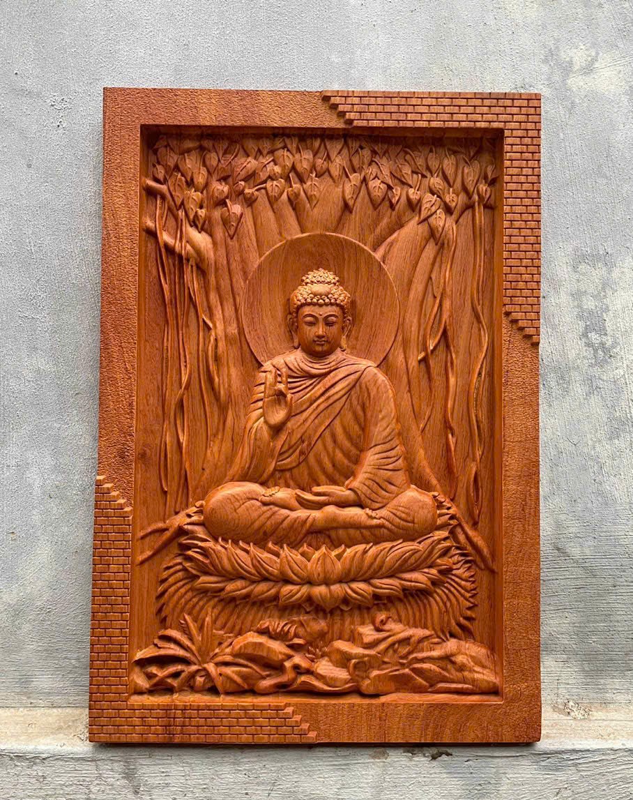 Tranh điêu khắc phật thích ca bằng gỗ hương đá pu giả cổ cao cấp kt 44×67×4cm