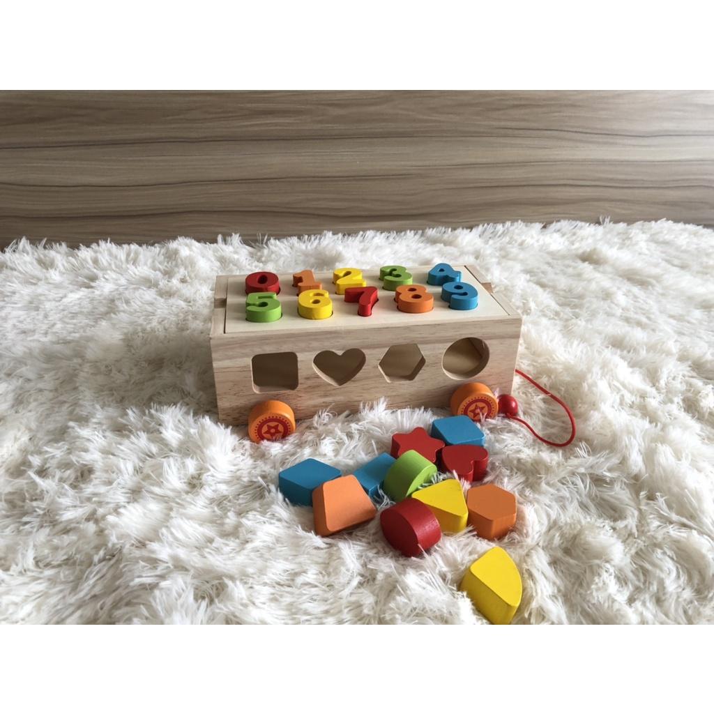 Đồ Chơi Gỗ Xe Thả Hình Khối - Hộp Thả Hình Khối , Thả Số Bằng Gỗ Cho Bé