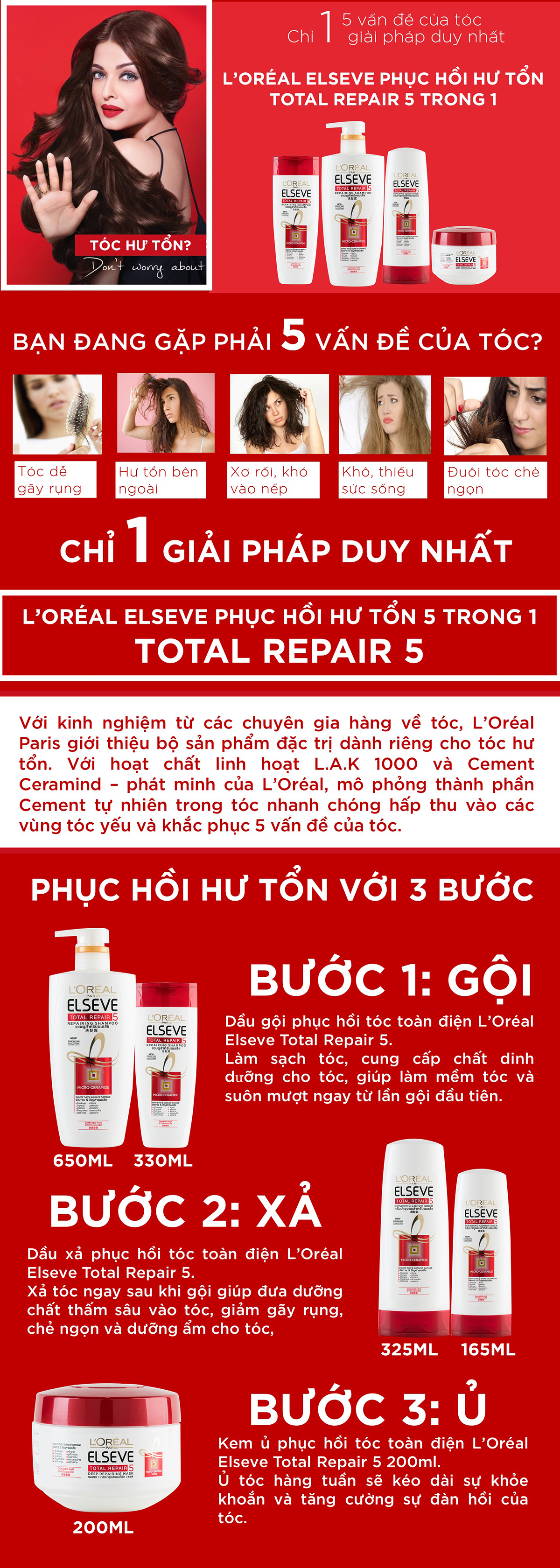 Dầu gội phục hồi tóc L'oreal Paris Elseve Total Repair 5 Repairing Shampoo 650ml