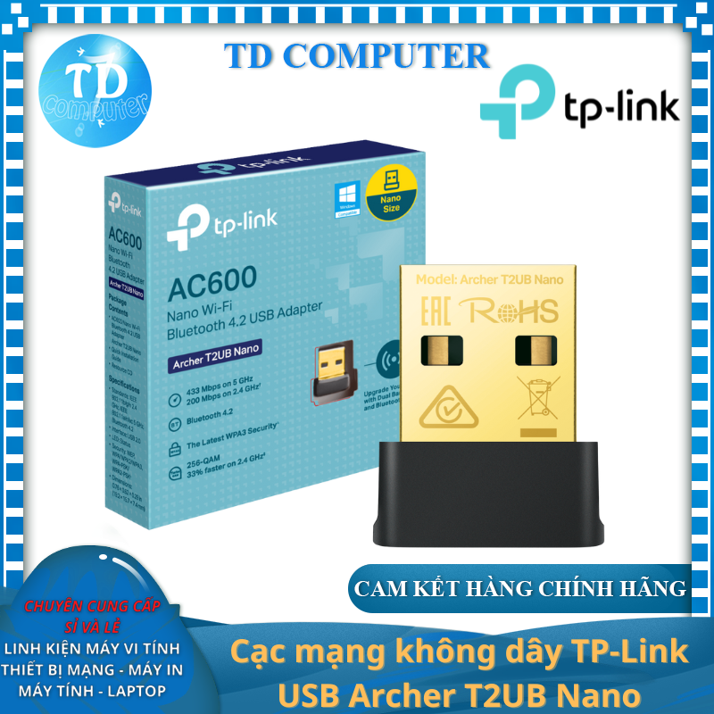 Cạc mạng không dây TP-Link USB Archer T2UB Nano (Chuẩn AC/ AC600Mbps/ Ăng-ten ngầm/ Bluetooth) - Hàng chính hãng FPT phân phối