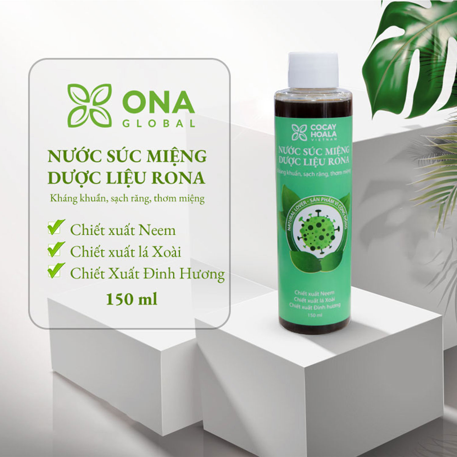 Nước súc miệng dược liệu Rona CoCayHoaLa - Không cồn - Khử mùi - Kháng Khuẩn - Ngăn ngừa vi khuẩn có hại  - Mẹ bầu và trẻ nhỏ dùng được, chai 150ml - Hàng chính hãng