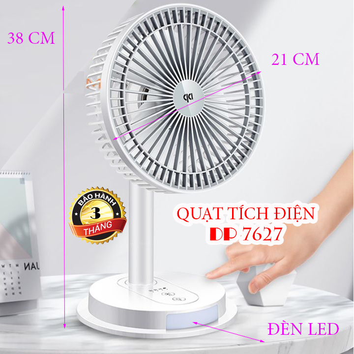 Quạt sạc tích điện kèm đèn led siêu mát, có 3 tốc độ gió, loại lớn DP 7627 - hàng chính hãng