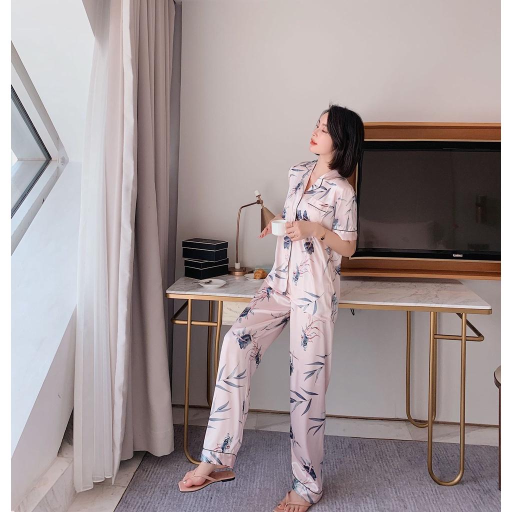 Pijama Nữ - Bộ Ngủ Cộc Dài Vải Lụa Cao Cấp Màu Hồng Nhạt Họa Tiết Lá CDLP07