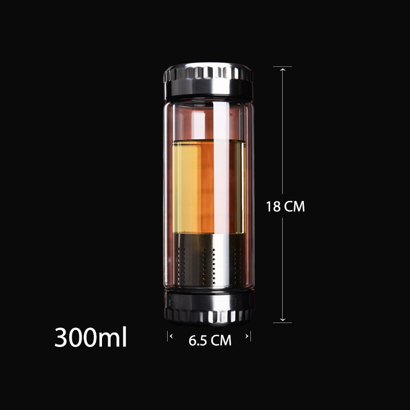 Bình thủy tinh 2 lớp 2 đầu có bộ lọc pha trà nắp có gân chống trơn 300ml-420ml tùy chọn