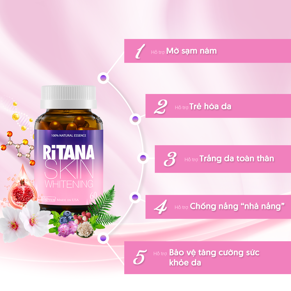 Viên uống RITANA trắng da mờ sạm nám với L-Glutathion, Sakura, Pomegranate, P.Leucotomos, collagen (30 viên)